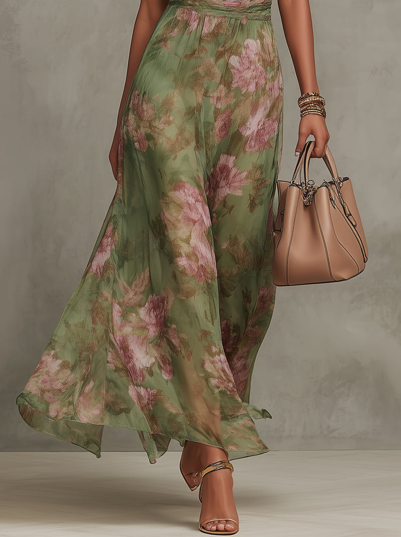 Elegantes grünes langes Boho-Kleid für einen formellen Look als Hochzeitsgast