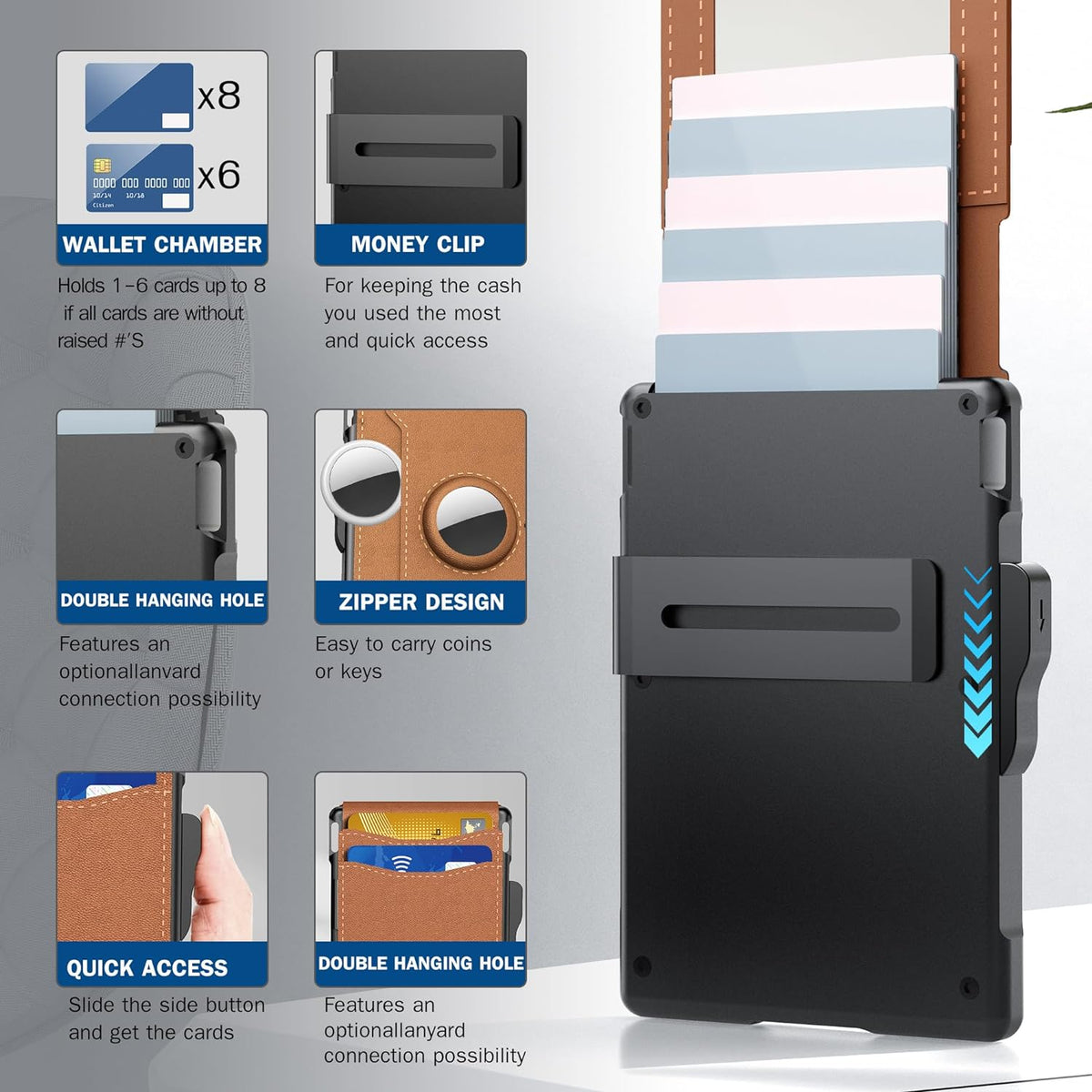 Schlanke, zweiflüglige minimalistische Ledergeldbörse und Kreditkartenetui mit RFID-Schutz, Aluminium-Pop-up-Fach und Geldklammer