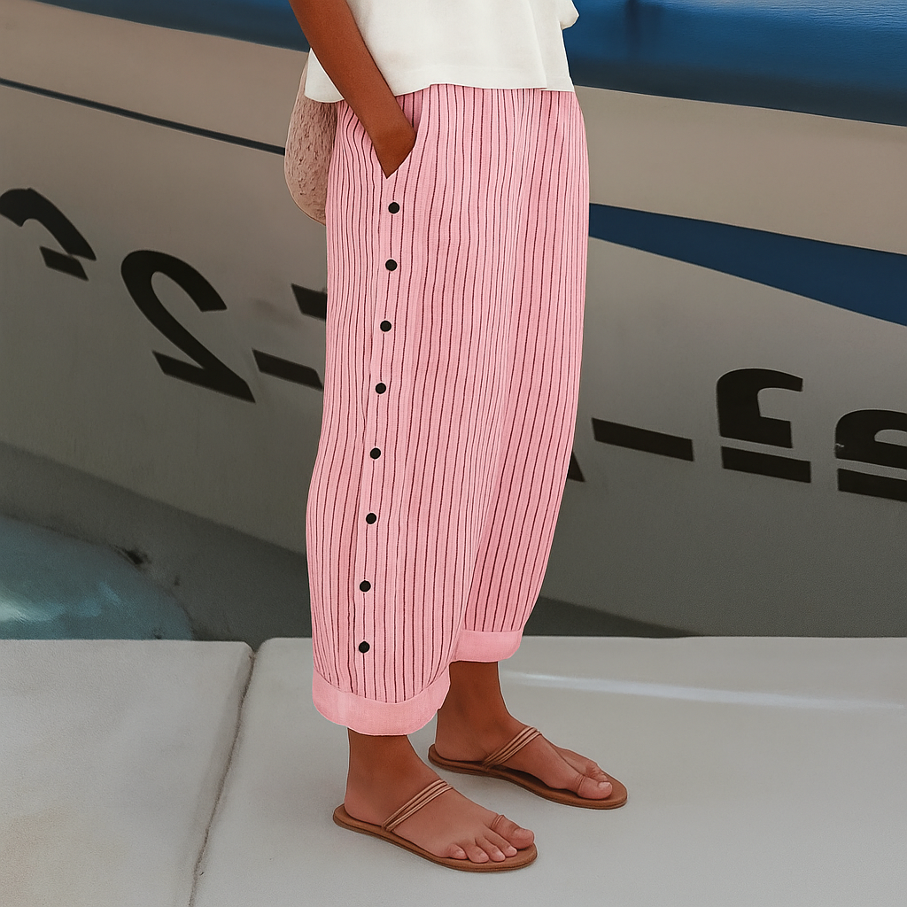 Gestreifte Damen-Hose mit hoher Taille und weitem Bein