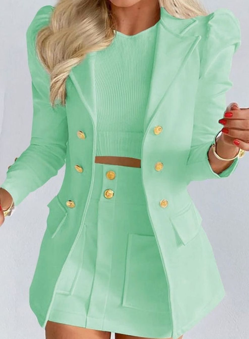 Damen-Set mit zweireihigem Blazer mit Puffärmeln und Blumenmuster-Jupe