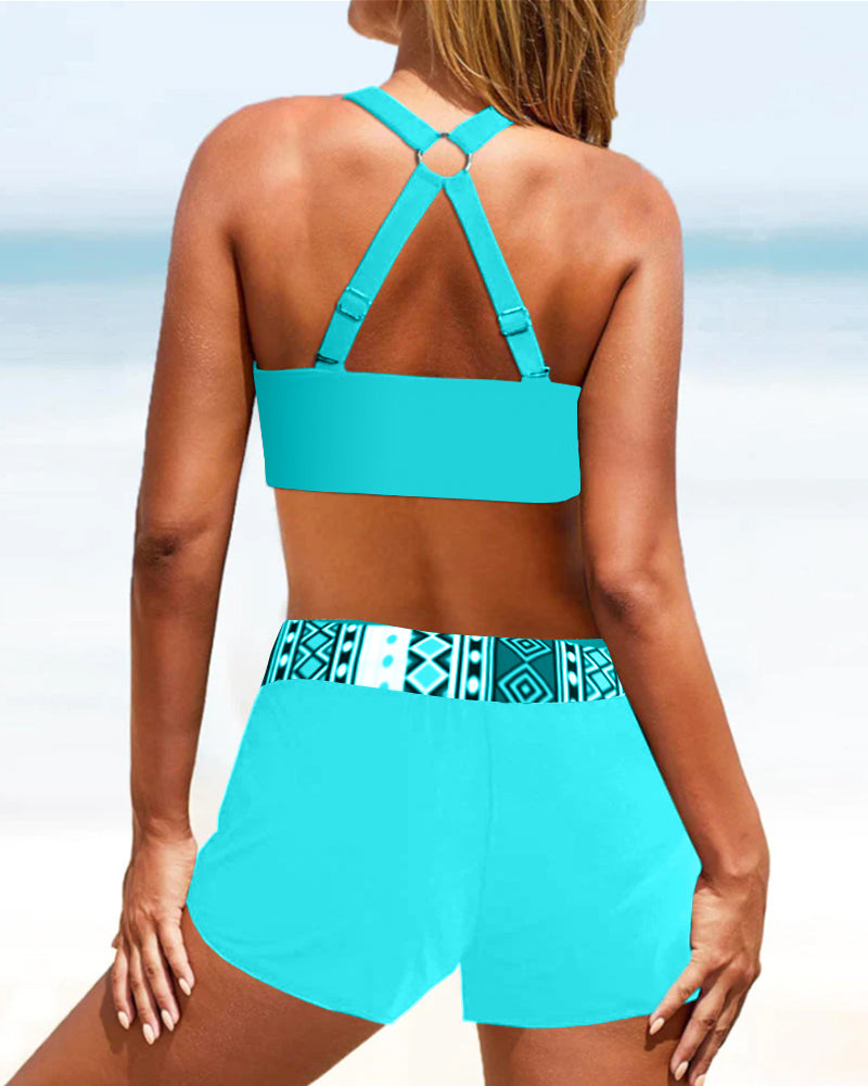 Damen High-Waist-Bikini in Rosa mit geometrischem Muster