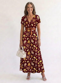 Blumiges Damen-Midikleid mit V-Ausschnitt und kurzen Ärmeln