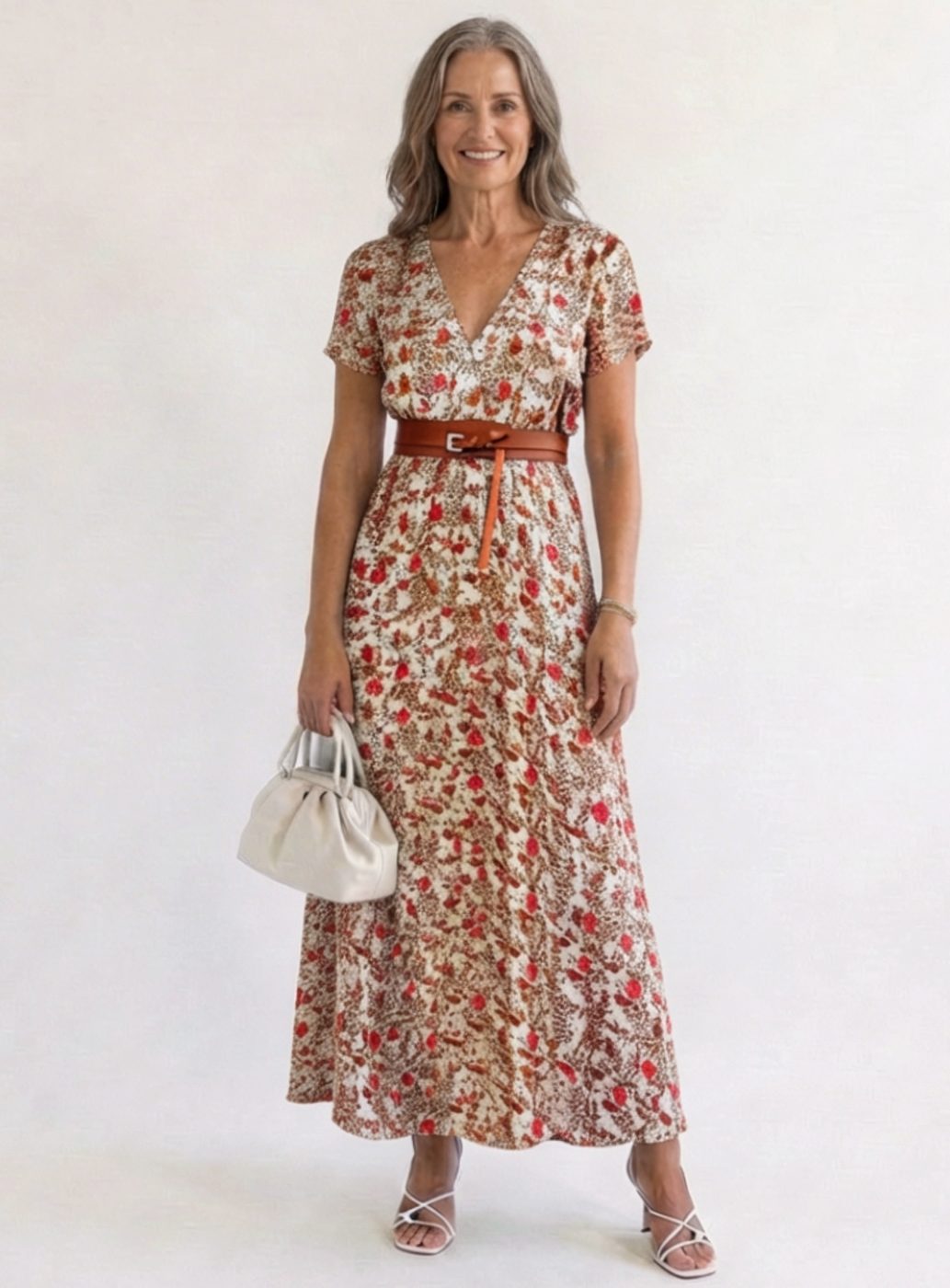 Blumiges Damen-Midikleid mit V-Ausschnitt und kurzen Ärmeln
