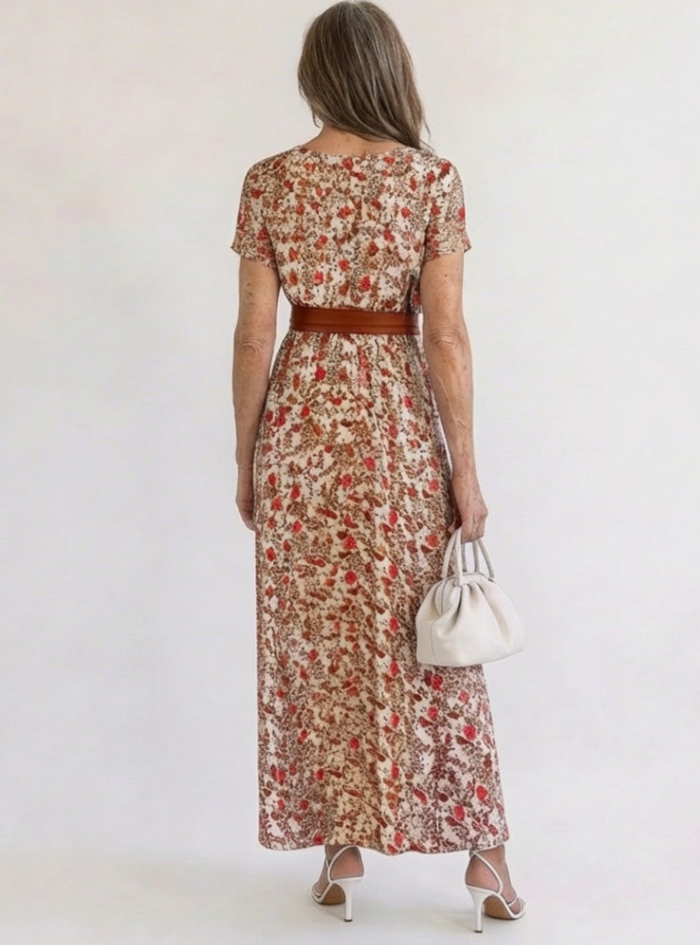Blumiges Damen-Midikleid mit V-Ausschnitt und kurzen Ärmeln