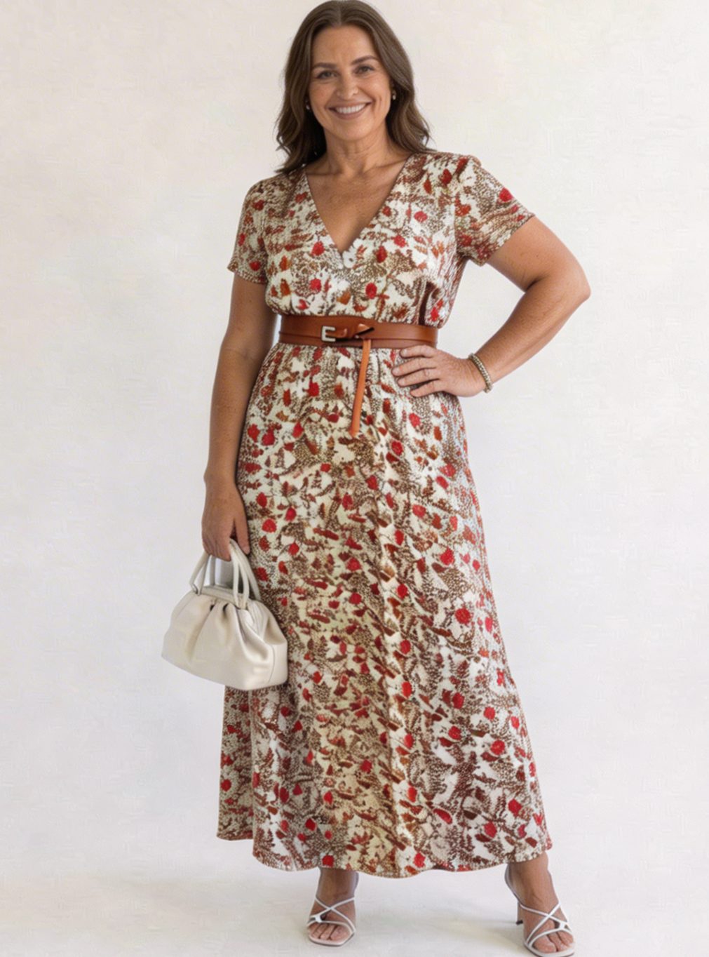 Blumiges Damen-Midikleid mit V-Ausschnitt und kurzen Ärmeln
