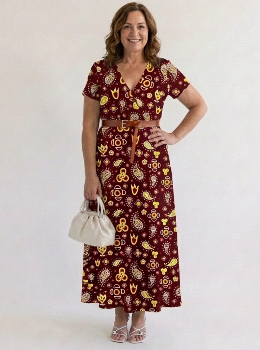 Blumiges Damen-Midikleid mit V-Ausschnitt und kurzen Ärmeln