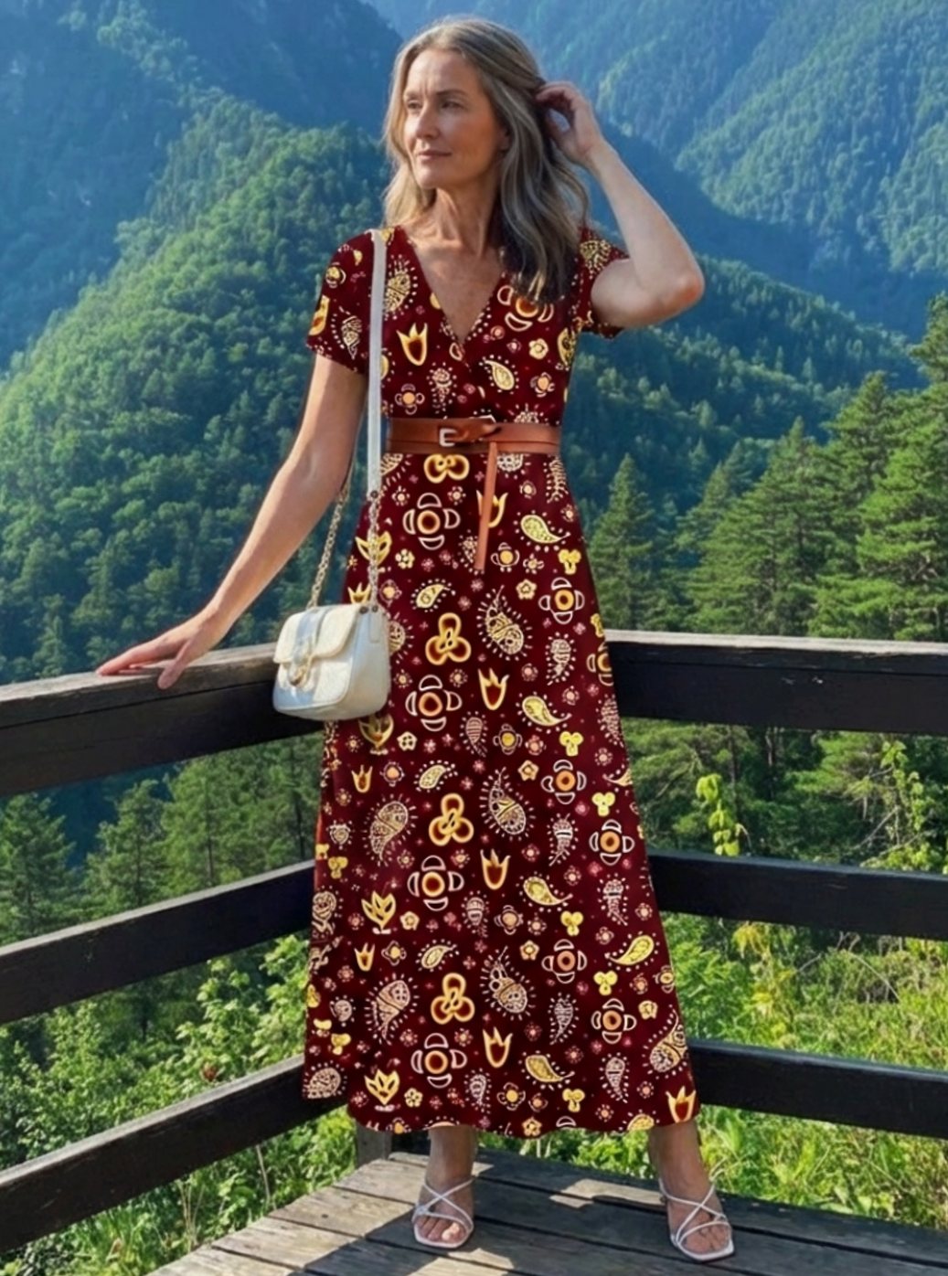 Blumiges Damen-Midikleid mit V-Ausschnitt und kurzen Ärmeln
