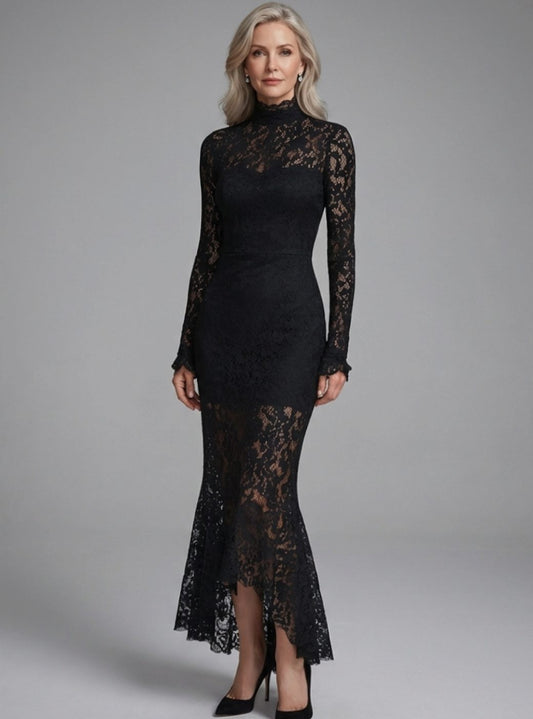 Damen-Midikleid aus Spitze im Meerjungfrauen-Stil mit Stehkragen und langen Ärmeln