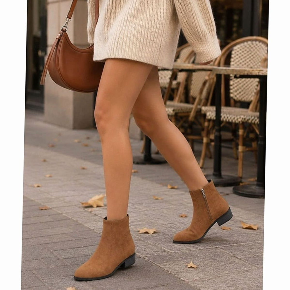 Damen-Stiefeletten aus Veloursleder mit Blockabsatz und seitlichem Reissverschluss