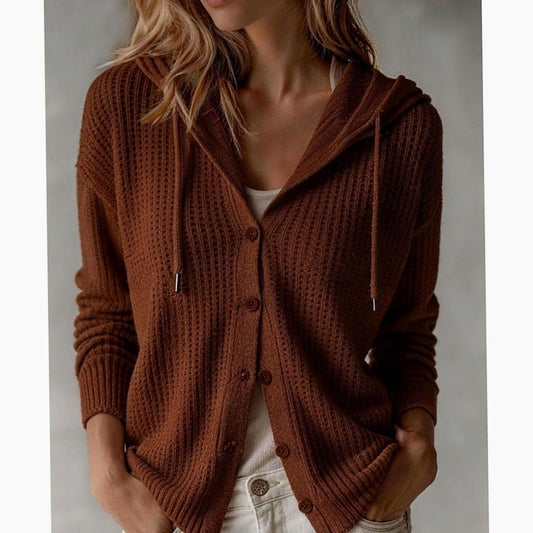 Damen-Strickjacke mit Kapuze und Knopfleiste aus Waffelstrick