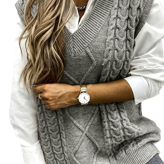 Damen-Strickpullunder mit V-Ausschnitt und Zopfmuster im Relaxed Fit