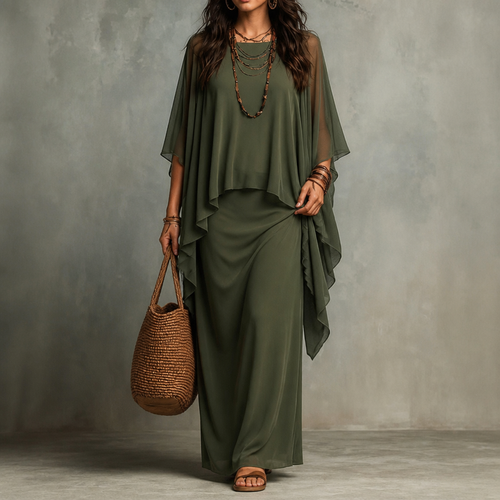 Drapiertes Maxikleid mit Cape-Ärmeln und asymmetrischem Saum