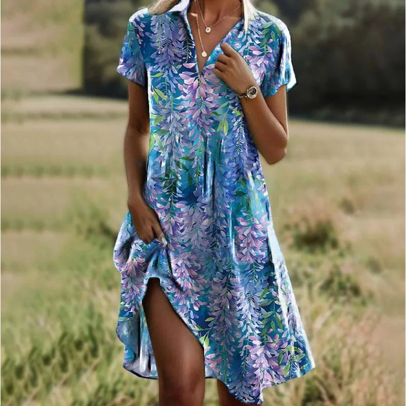 Elegantes herbstliches Blumenkleid mit V-Ausschnitt, Knöpfen und langen Ärmeln