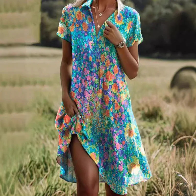 Elegantes herbstliches Blumenkleid mit V-Ausschnitt, Knöpfen und langen Ärmeln