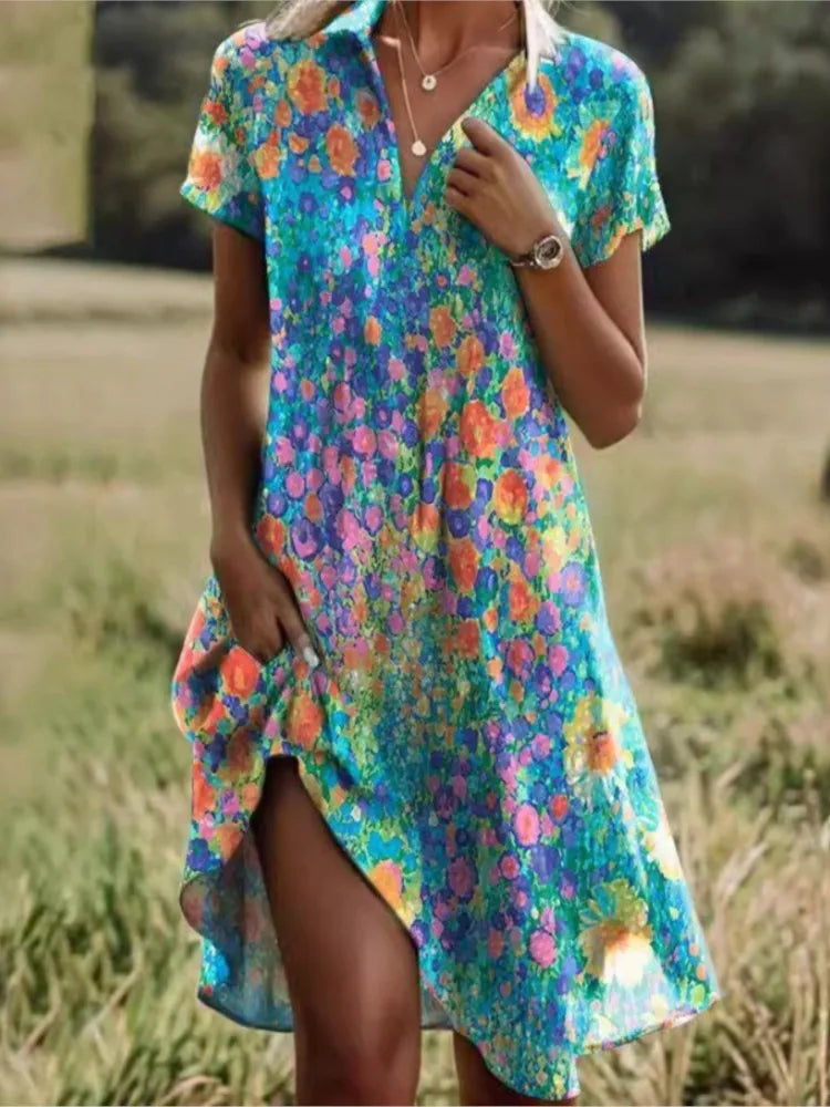 Elegantes herbstliches Blumenkleid mit V-Ausschnitt, Knöpfen und langen Ärmeln