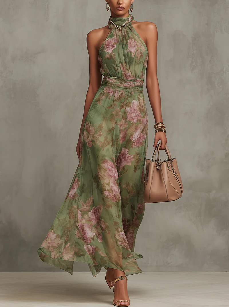 Elegantes grünes langes Boho-Kleid für einen formellen Look als Hochzeitsgast