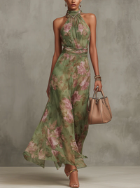 Elegantes grünes langes Boho-Kleid für einen formellen Look als Hochzeitsgast