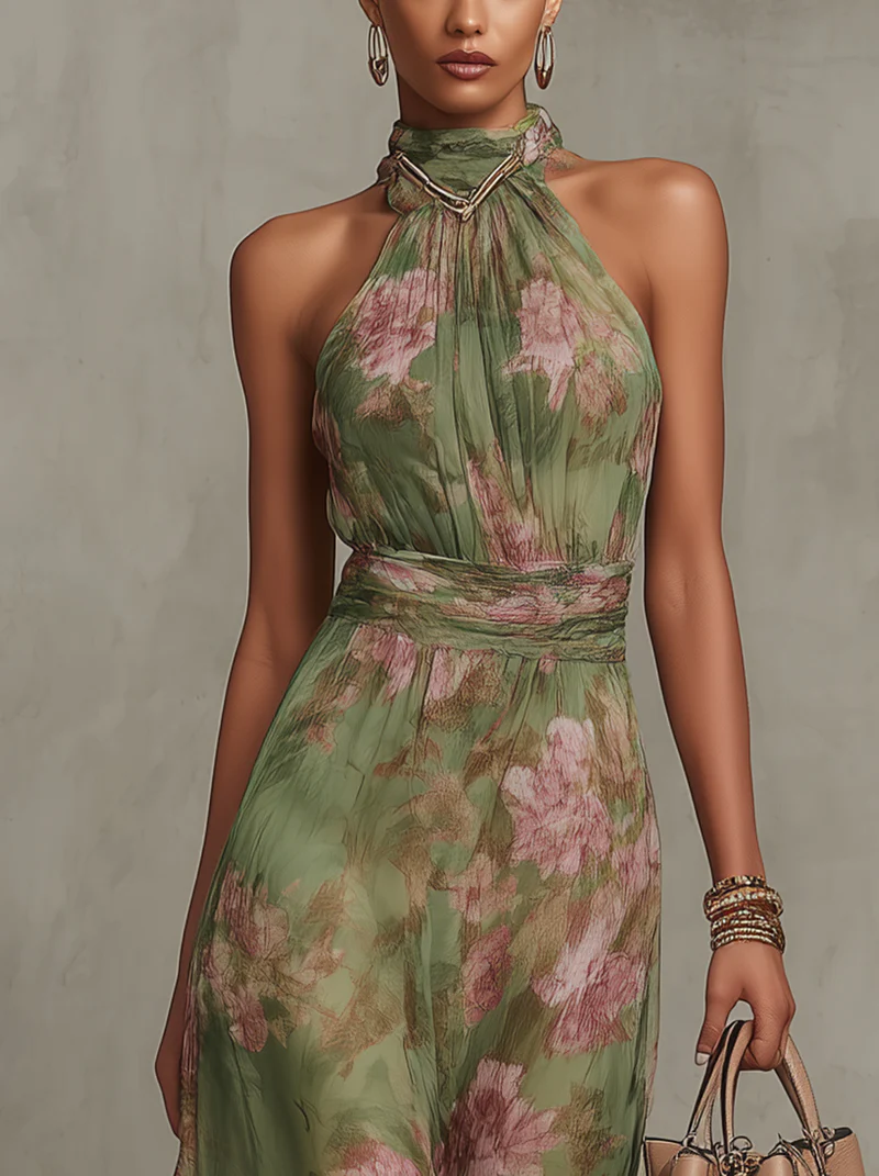 Elegantes grünes langes Boho-Kleid für einen formellen Look als Hochzeitsgast