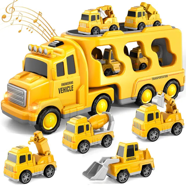 Doppelstöckiges Lastwagen-Spielset – Feuerwehr- und Baustellenthema, mit Musik
