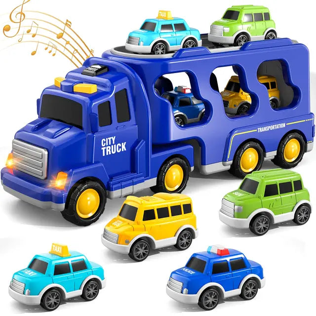 Doppelstöckiges Lastwagen-Spielset – Feuerwehr- und Baustellenthema, mit Musik
