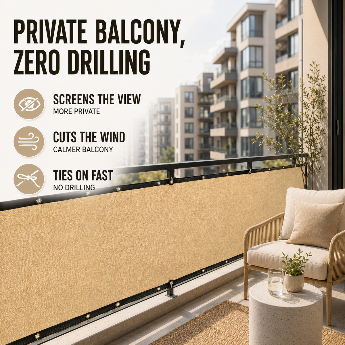 Balkon-Sichtschutzparavent – Sonnen- und Windschutznetz mit Ösen
