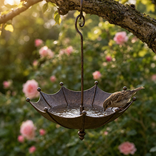 Hängendes Vogelhäuschen und Vogeltränke in Schirmform