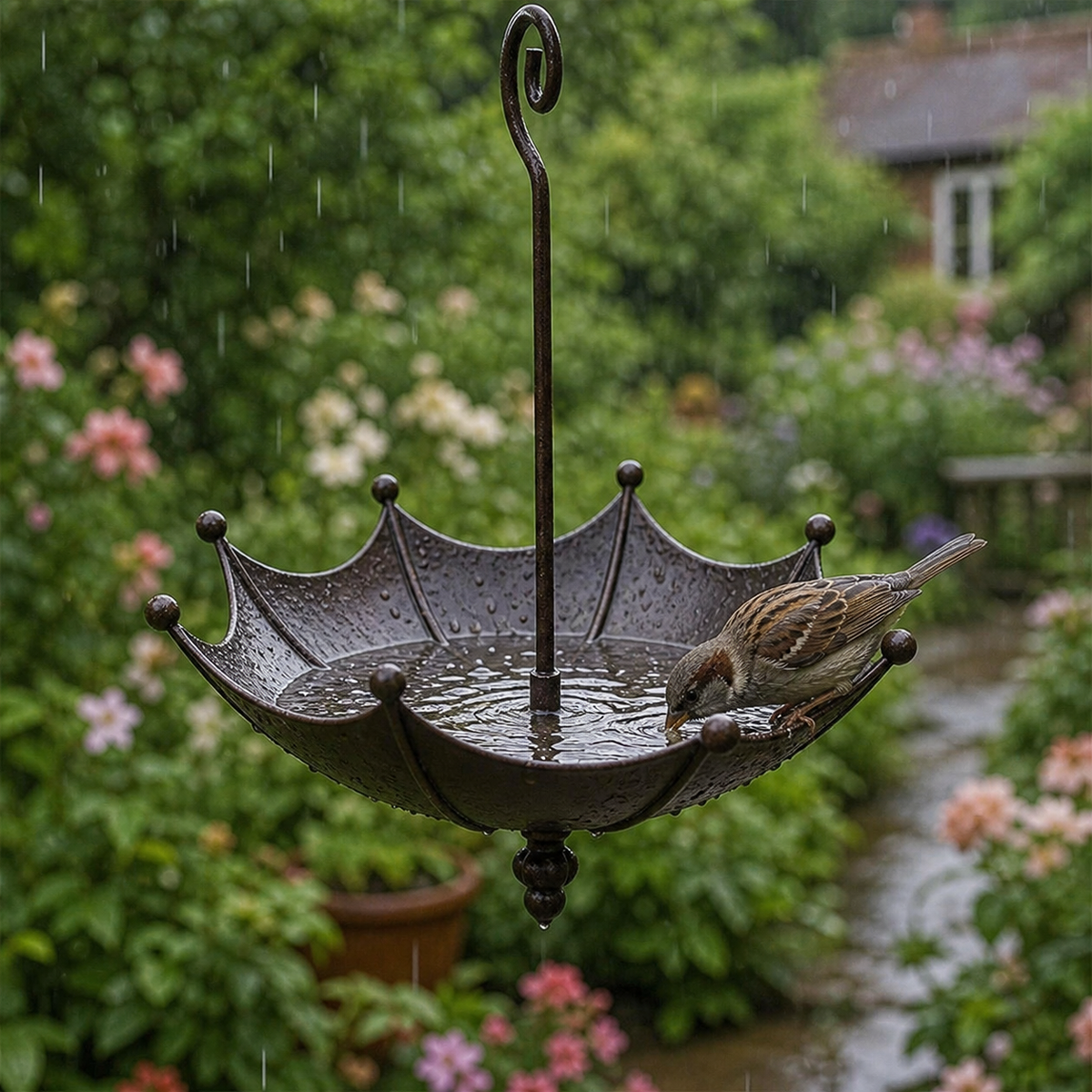 Hängendes Vogelhäuschen und Vogeltränke in Schirmform