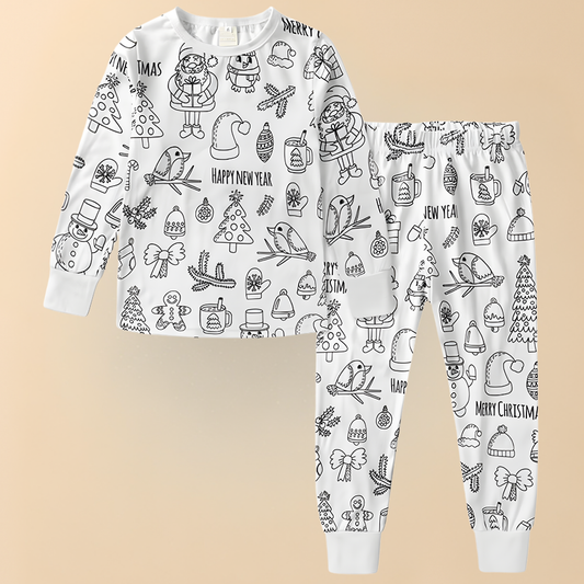 Kinder Weihnachts-Doodle-Pyjamaset – Langarm-Oberteil und Hose – Festliche Nachtwäsche