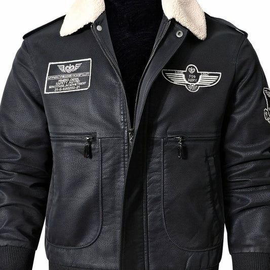 Herren-Flieger-Bomberjacke aus Kunstleder mit Sherpa-Kragen