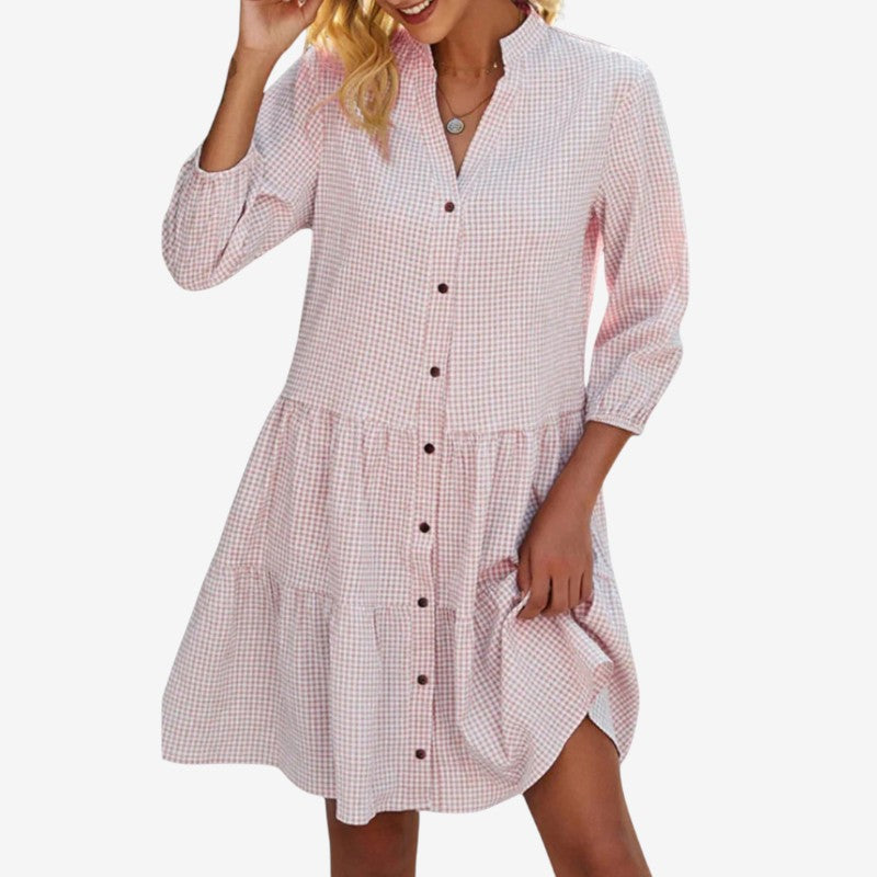 Blaues kurzes Vichy-Karo-Hemdblusenkleid für Damen