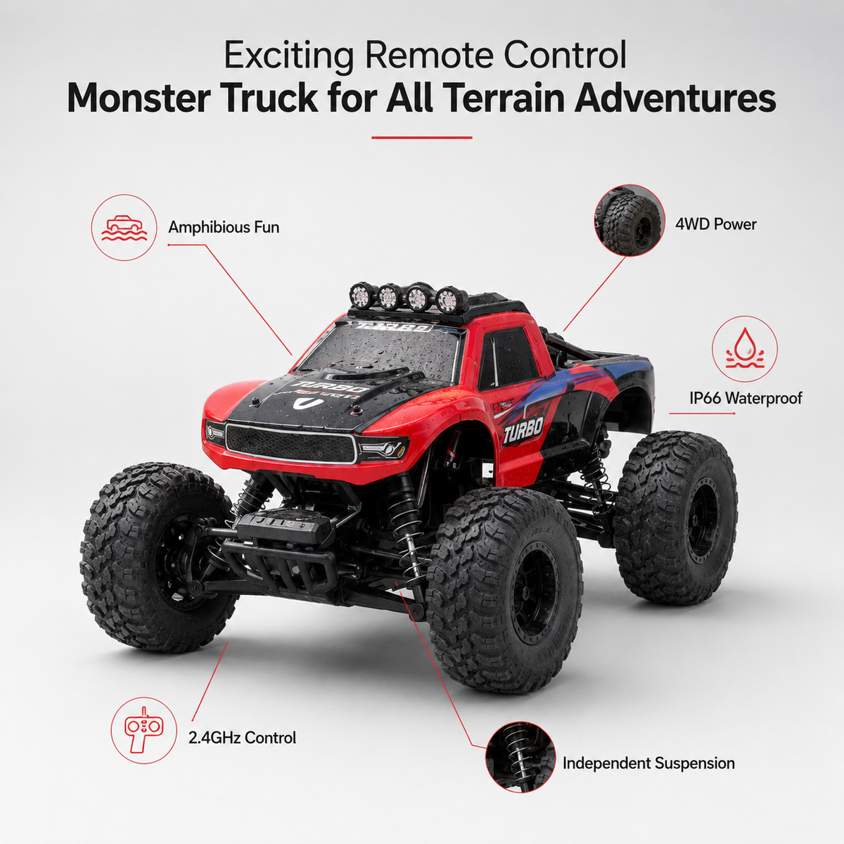 Amphibischer 4x4 Offroad-RC-Monstertruck mit 2,4-GHz-Fernsteuerung