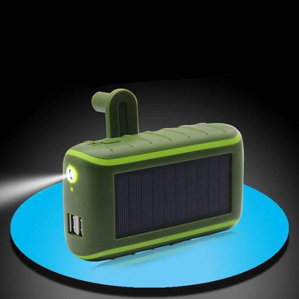 Solar-Powerbank mit Handkurbel und USB sowie Taschenlampe