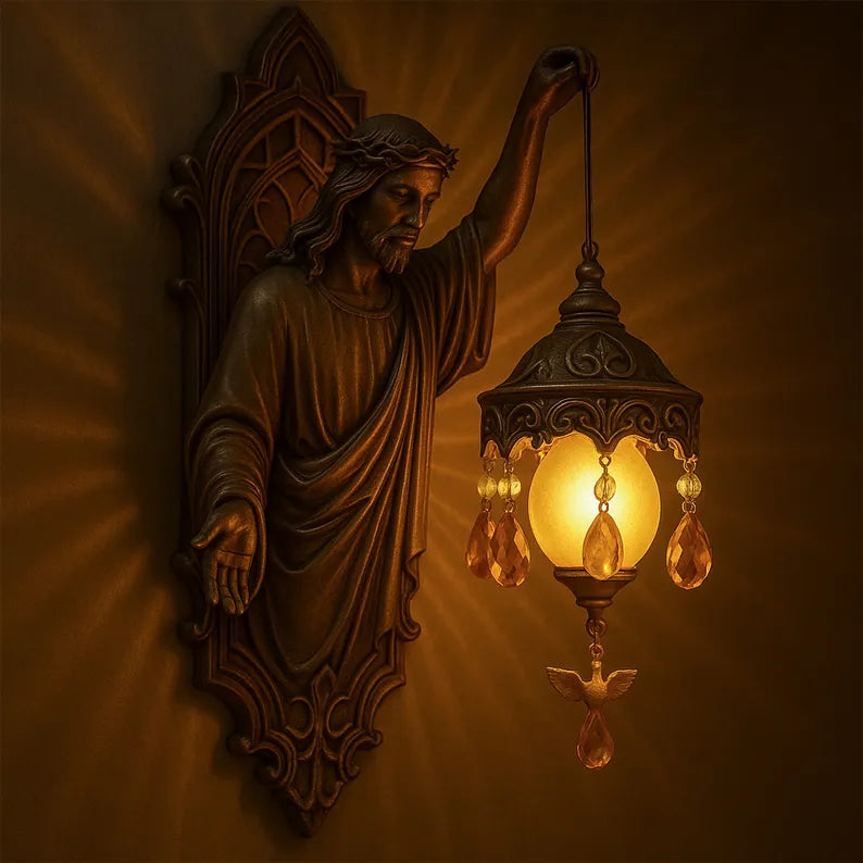 Handgefertigte Wandleuchte mit sanftem LED-Licht – Besondere kabellose Wandlampe mit spirituellem Motiv