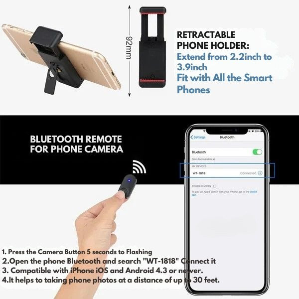 Ausziehbarer Telefonständer mit Bluetooth-Fernauslöser – Vielseitiger Selfie-Stick und Stativ