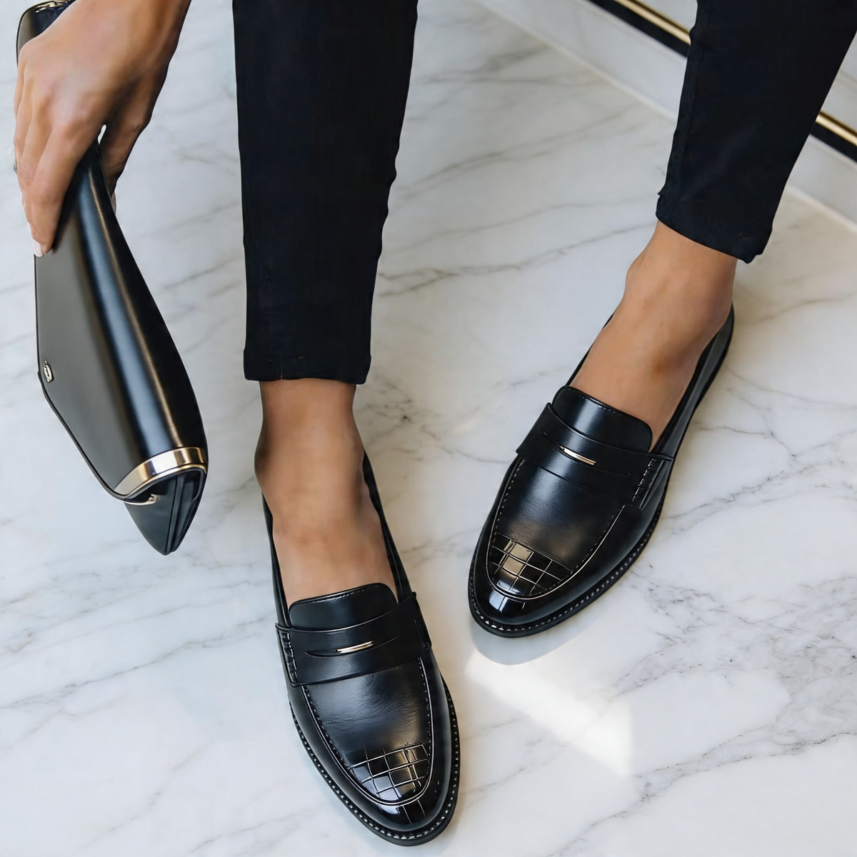 Damen-Ledermokassins mit Krokoprägung | Gepolsterte Schlupfschuhe