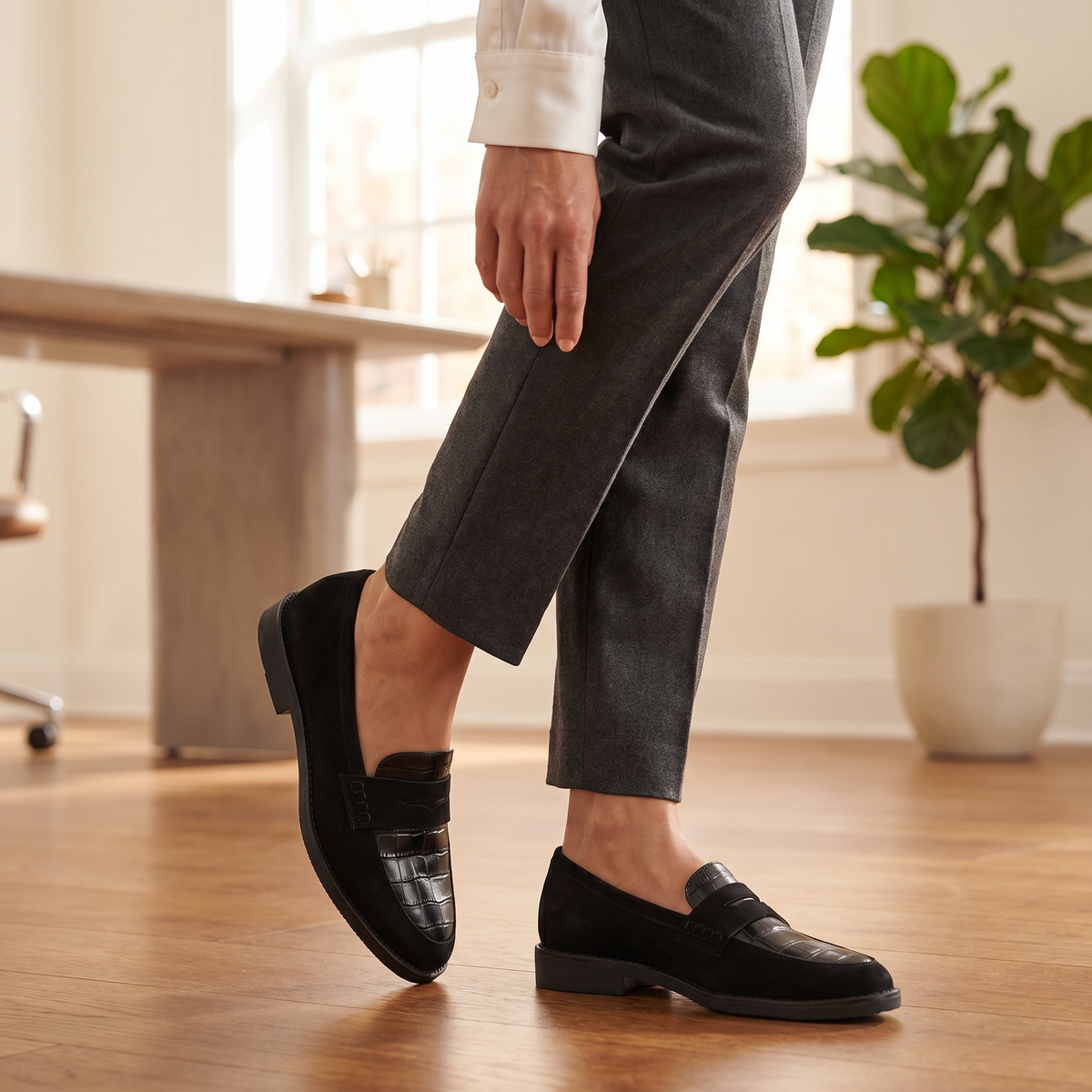 Damen-Ledermokassins mit Krokoprägung | Gepolsterte Schlupfschuhe