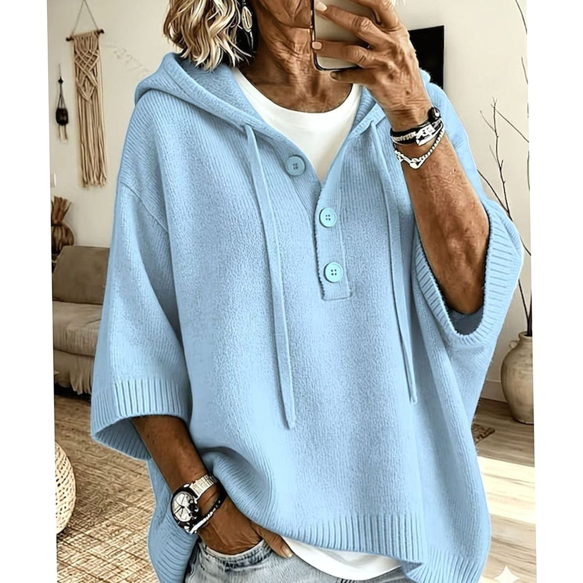 Lässiger Damen-Kapuzenstrickpullover mit halber Knopfleiste und 3/4-Ärmeln