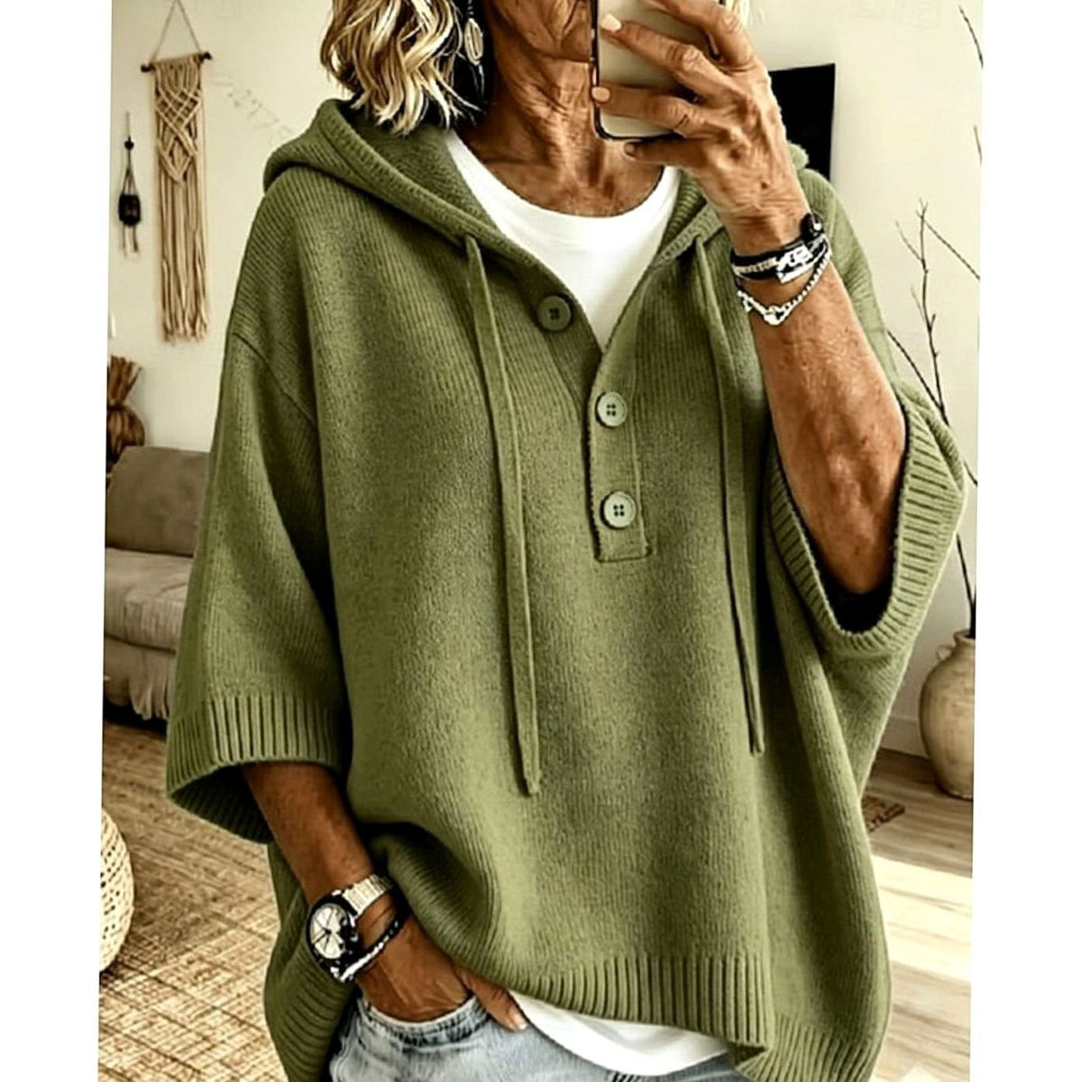 Lässiger Damen-Kapuzenstrickpullover mit halber Knopfleiste und 3/4-Ärmeln