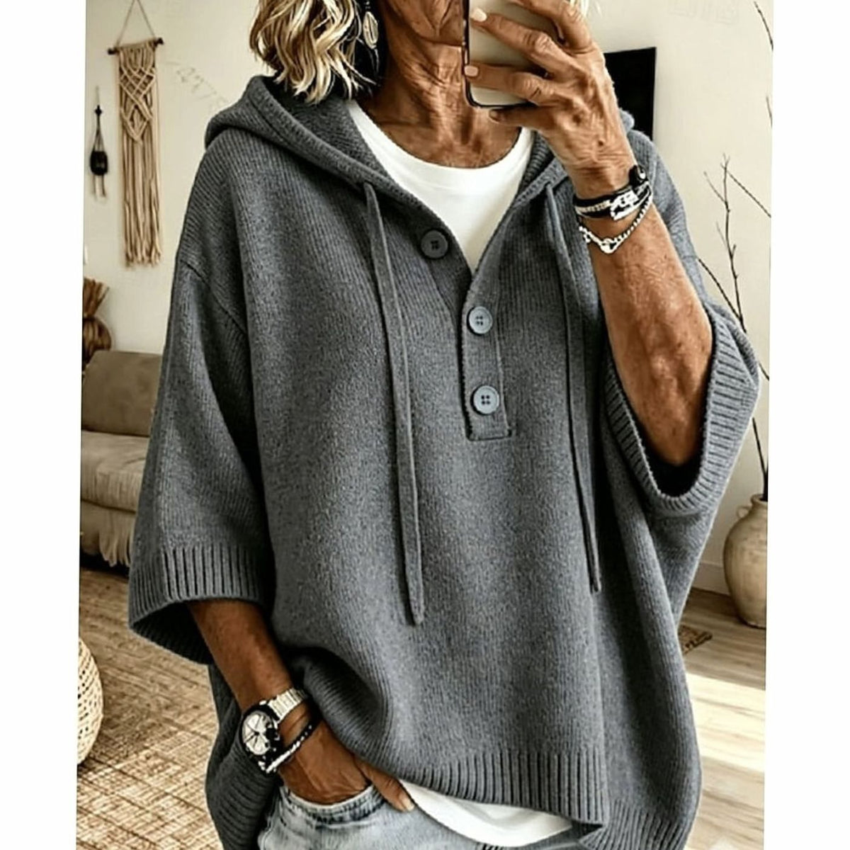 Lässiger Damen-Kapuzenstrickpullover mit halber Knopfleiste und 3/4-Ärmeln