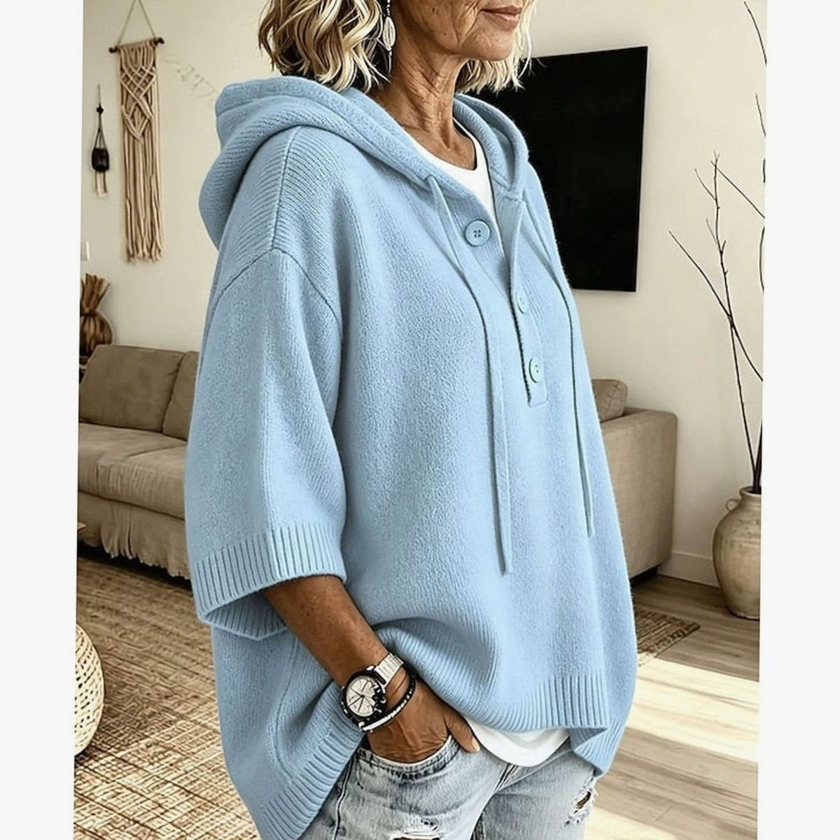 Lässiger Damen-Kapuzenstrickpullover mit halber Knopfleiste und 3/4-Ärmeln