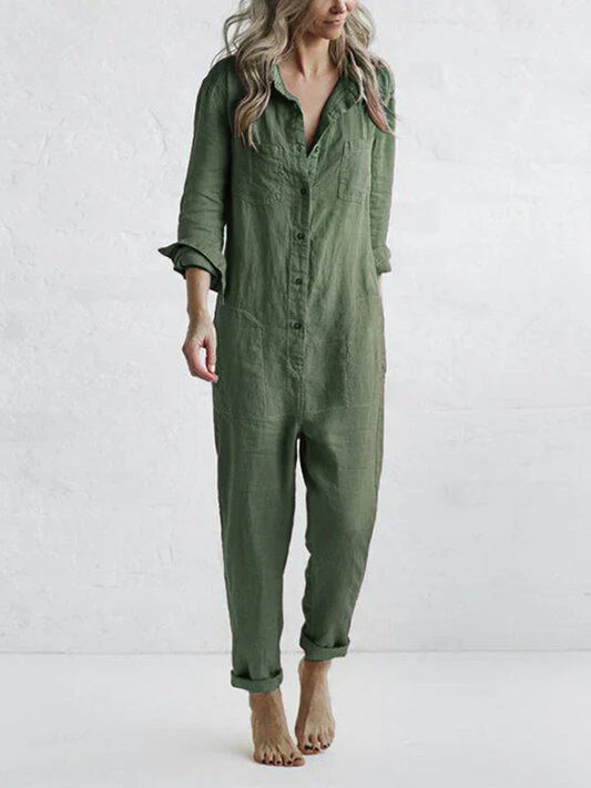 Locker geschnittener Damen-Leinen-Jumpsuit mit Knopfleiste vorne