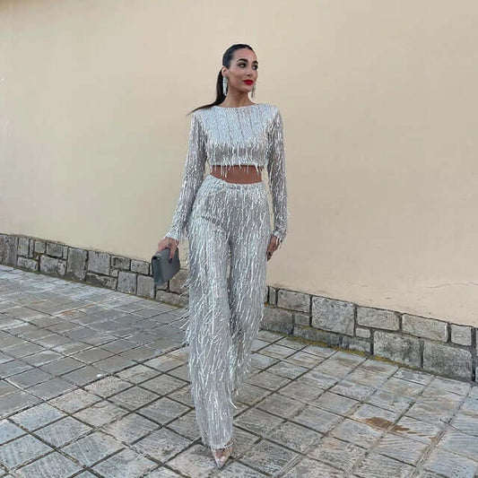 Damen-Set mit Pailletten-Crop-Top und Hose
