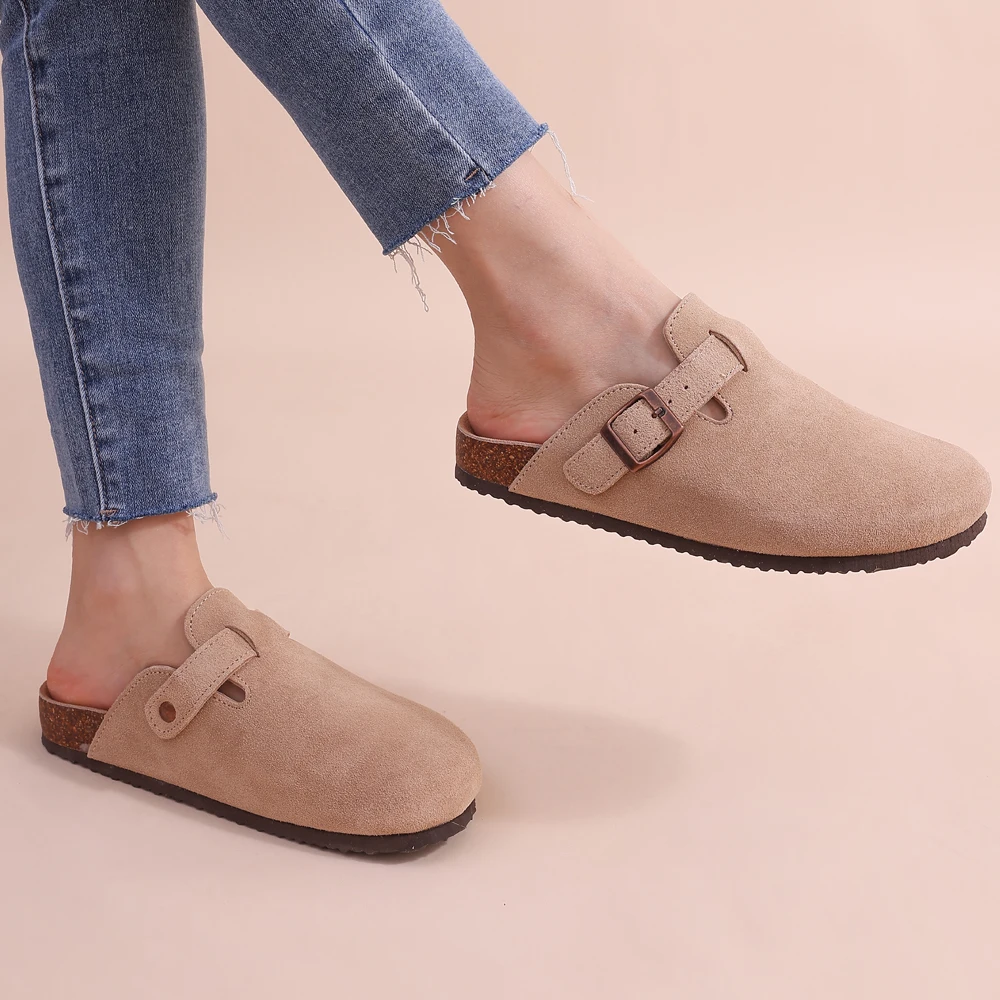 Damen-Clogs aus Spaltleder mit verstellbarer Schnalle