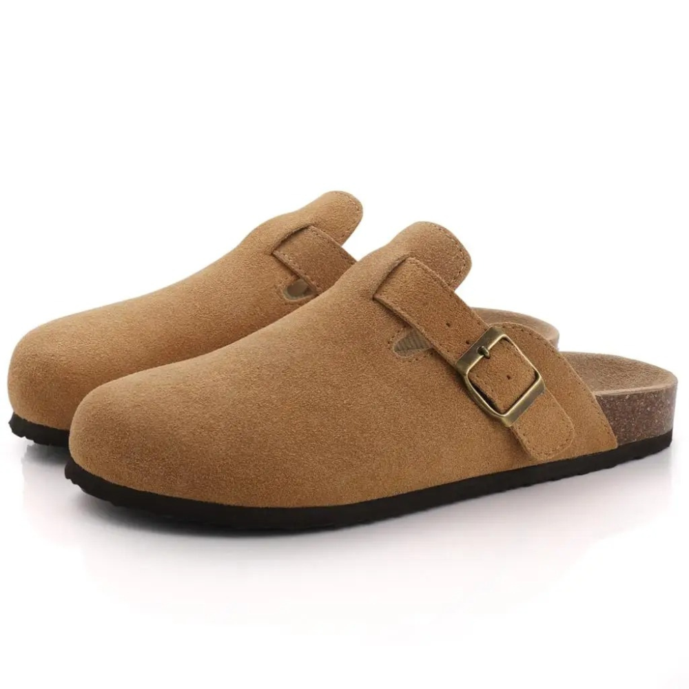 Damen-Clogs aus Spaltleder mit verstellbarer Schnalle