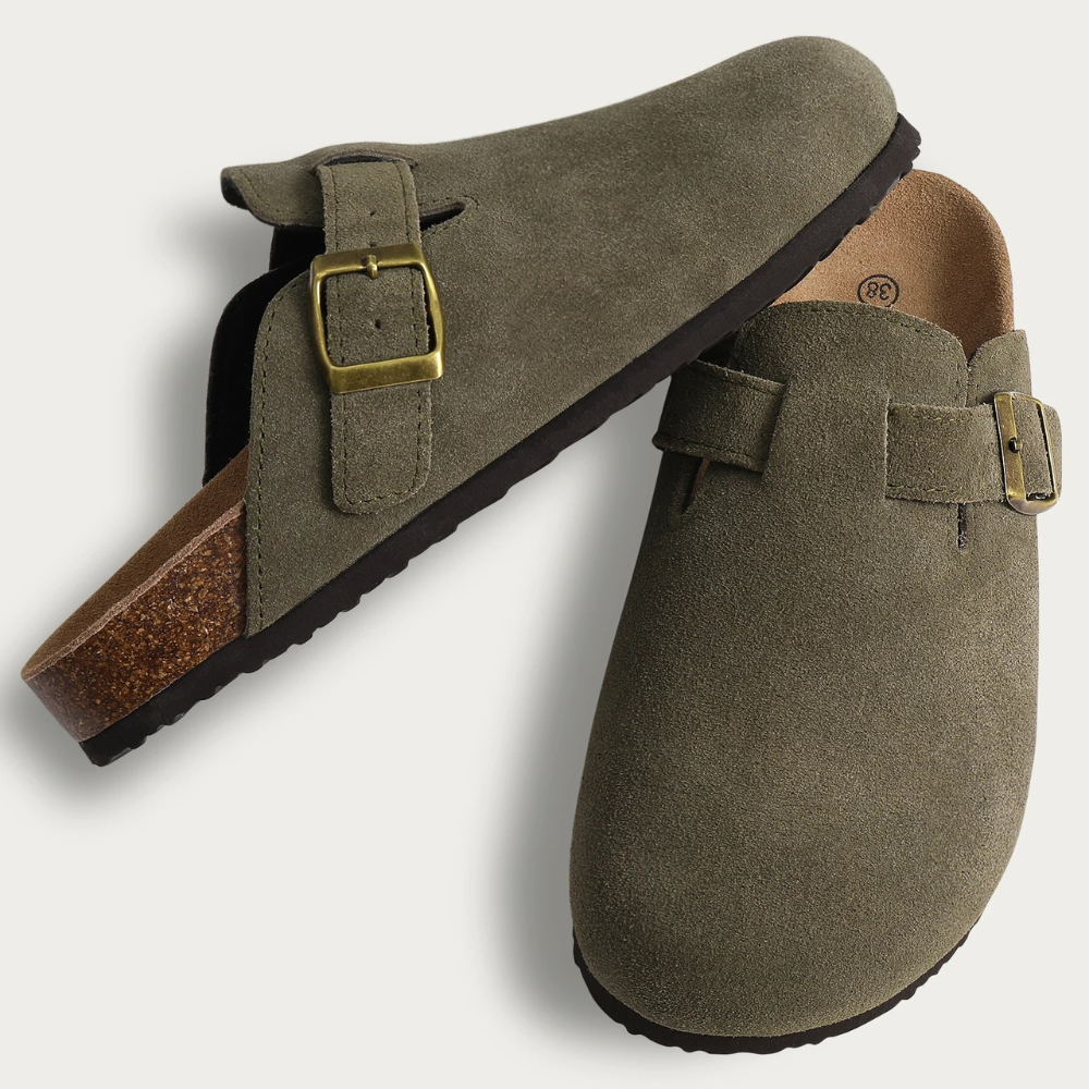 Damen-Clogs aus Spaltleder mit verstellbarer Schnalle