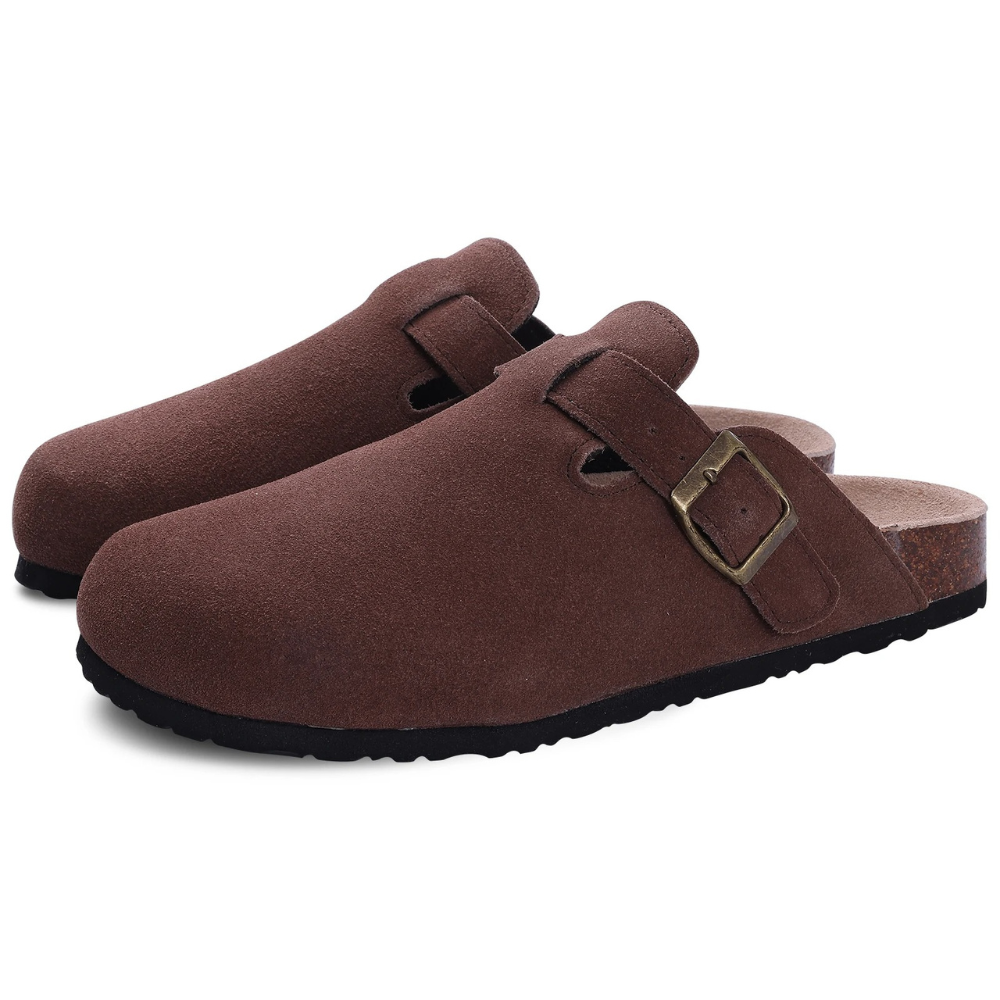 Damen-Clogs aus Spaltleder mit verstellbarer Schnalle