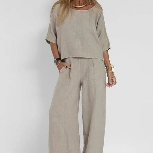 Damen zweiteiliges Leinen-Set mit locker geschnittener Bluse und Hose mit weitem Bein
