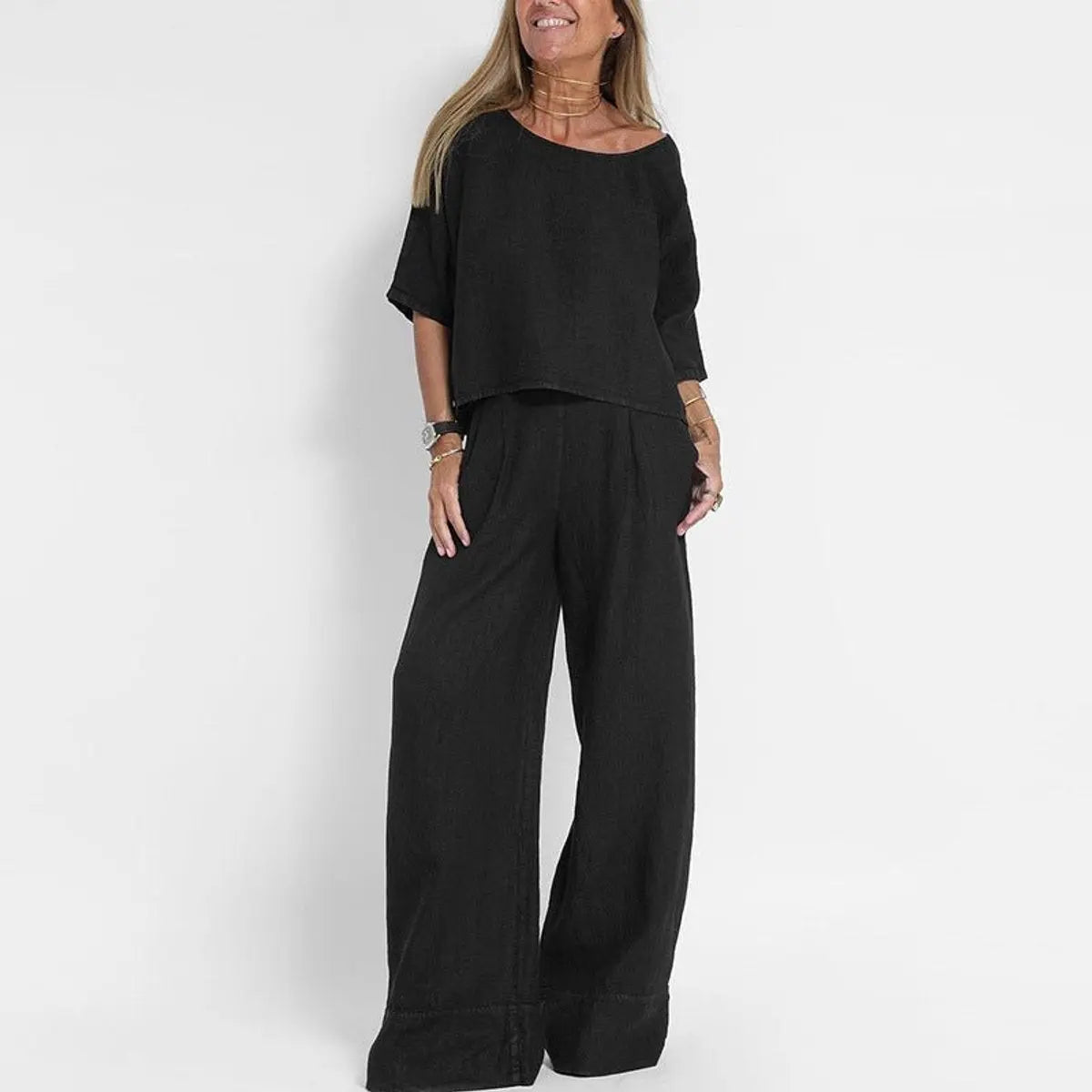 Damen zweiteiliges Leinen-Set mit locker geschnittener Bluse und Hose mit weitem Bein