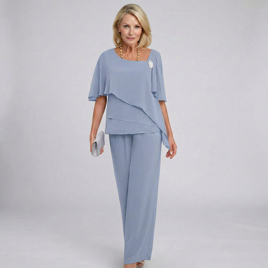 Zweiteiliges Damen-Chiffon-Set mit Cape-Ärmeln und weiter Hose