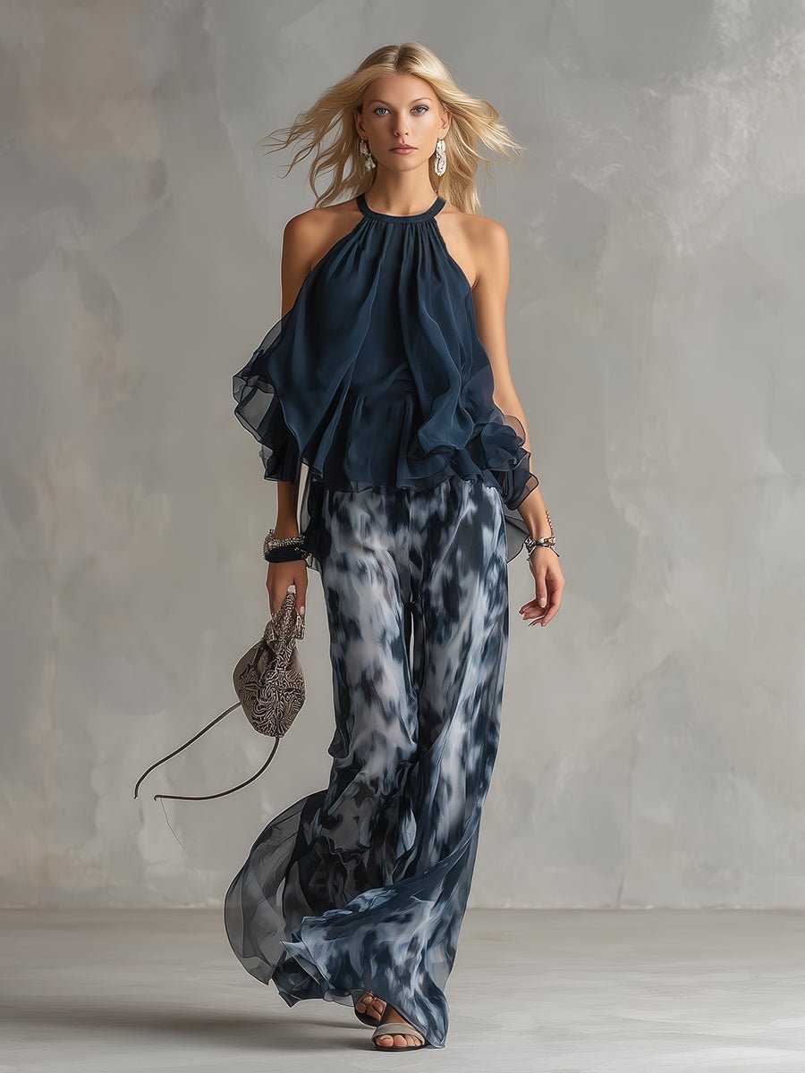 Zweiteiliges Damen-Set mit Neckholder-Rüschenbluse und Hose mit weitem Bein